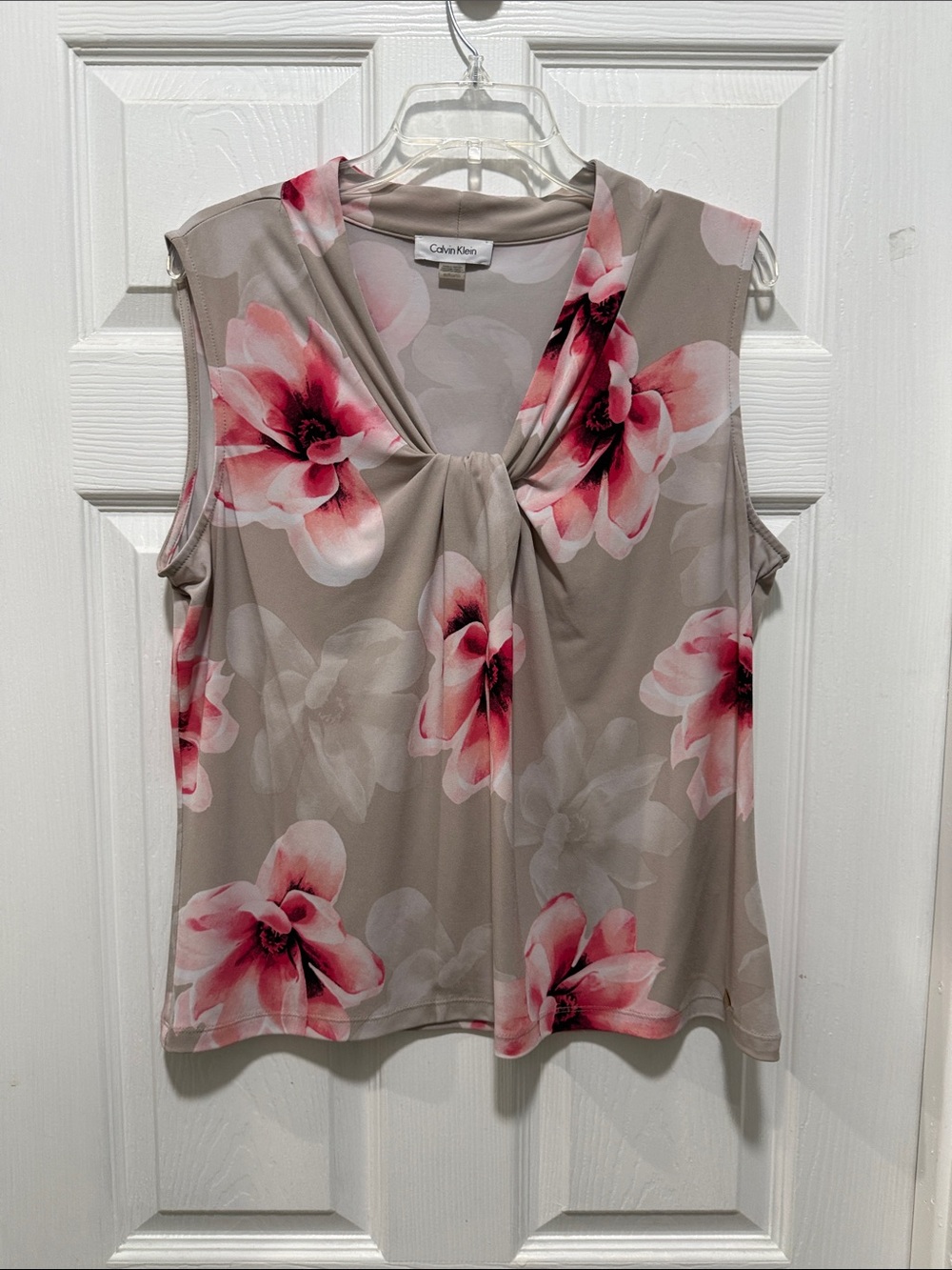 Calvin Klein Taupe Sleeveless Twist-Neck Top with Pink Floral Print